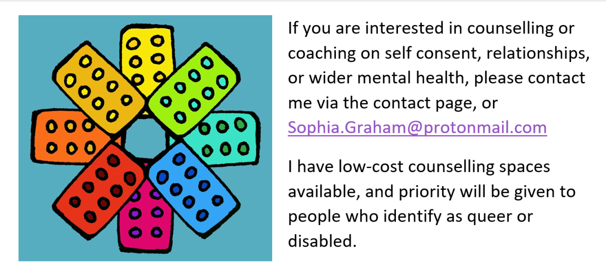 If you are interested in counselling or coaching on self consent, relationships, or wider mental health, please contact me via the contact page.